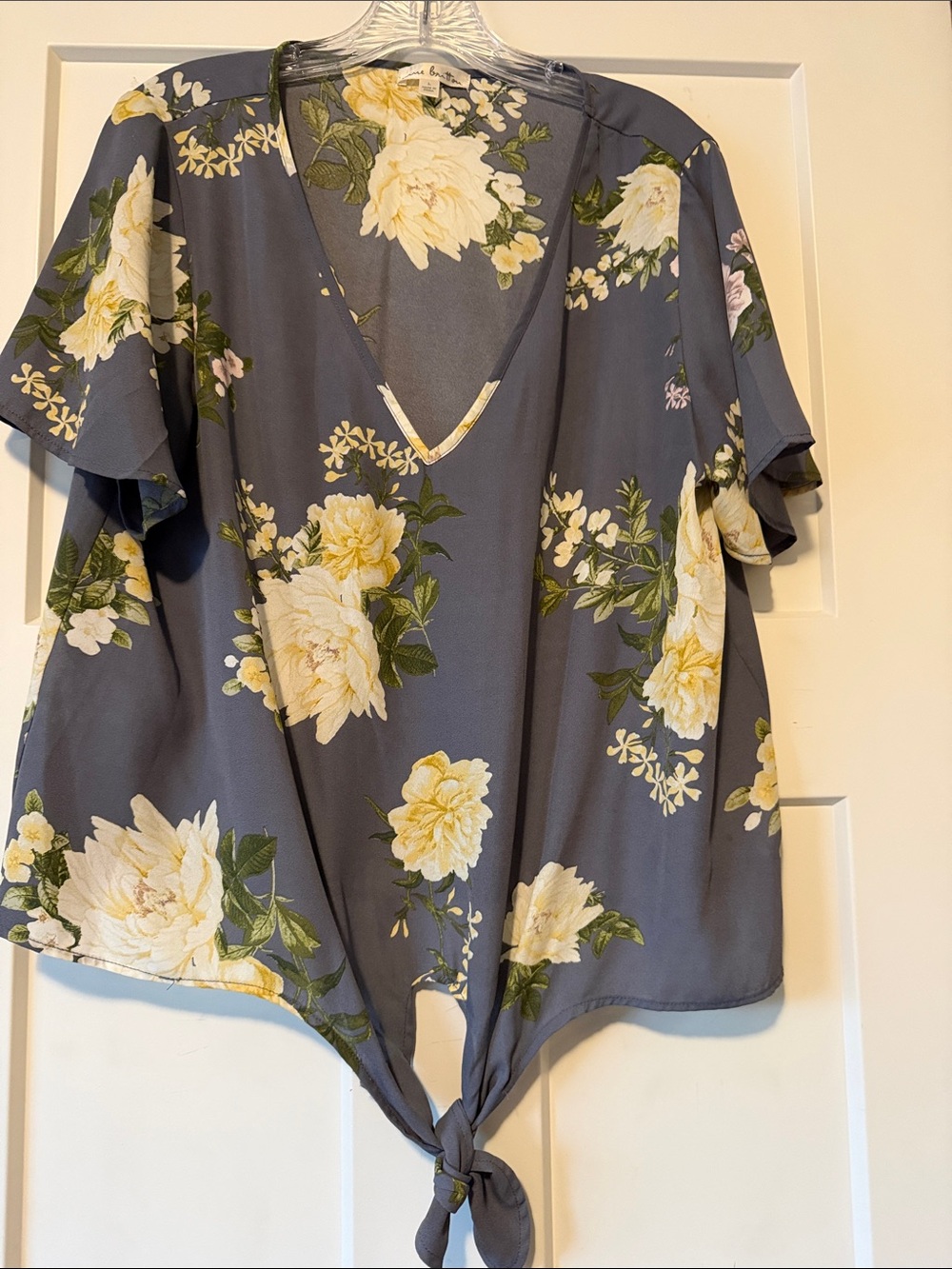 nine britton Gray Floral Tie-Front V-Neck Blouse with Yellow Flowers
